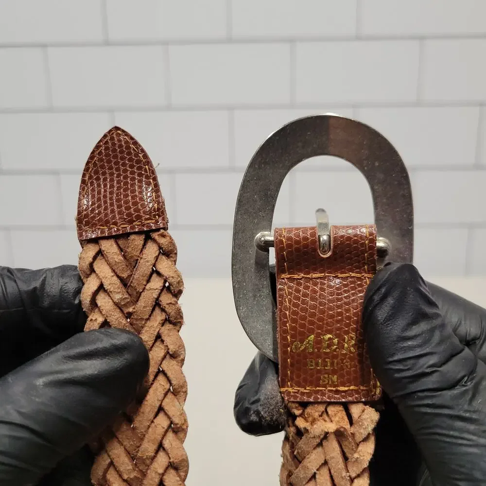 ADR Brown Braided Leather Belt Oval Engraved Buckle Women's Size S/M
